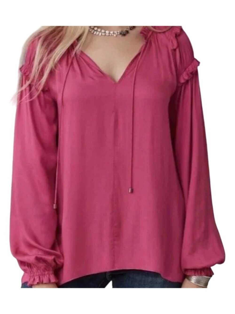 Sundance Womens Blouse Sz Meduim Red Ruffle Long Sleeve Rayon so in love peasant